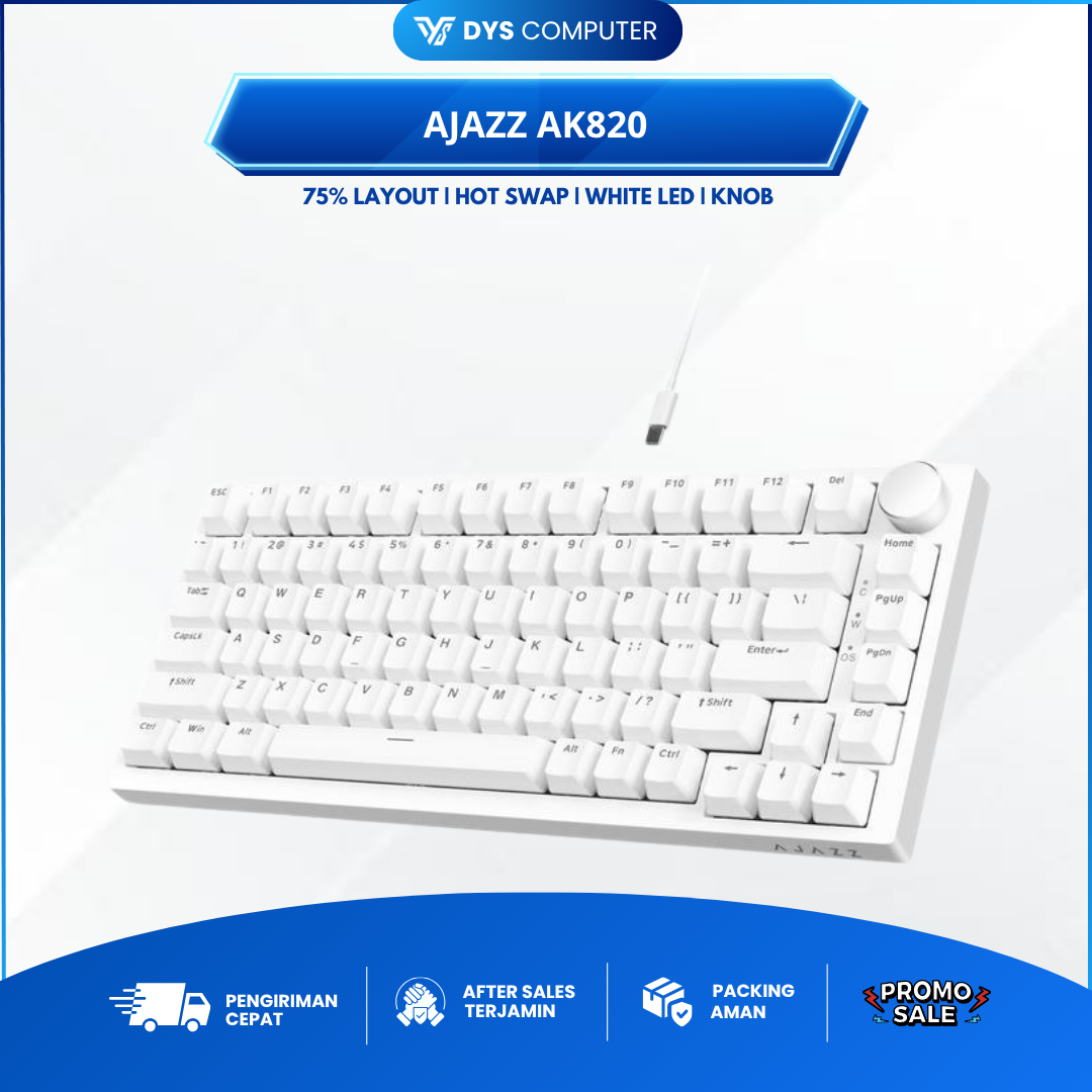Ajazz AK820 AK-820 Monochrome Wired Mechanical Gaming Keyboard AK 820 Hotswapppable White Backlight LED Layout 75% 82 Keys with Rotary Volume Knob