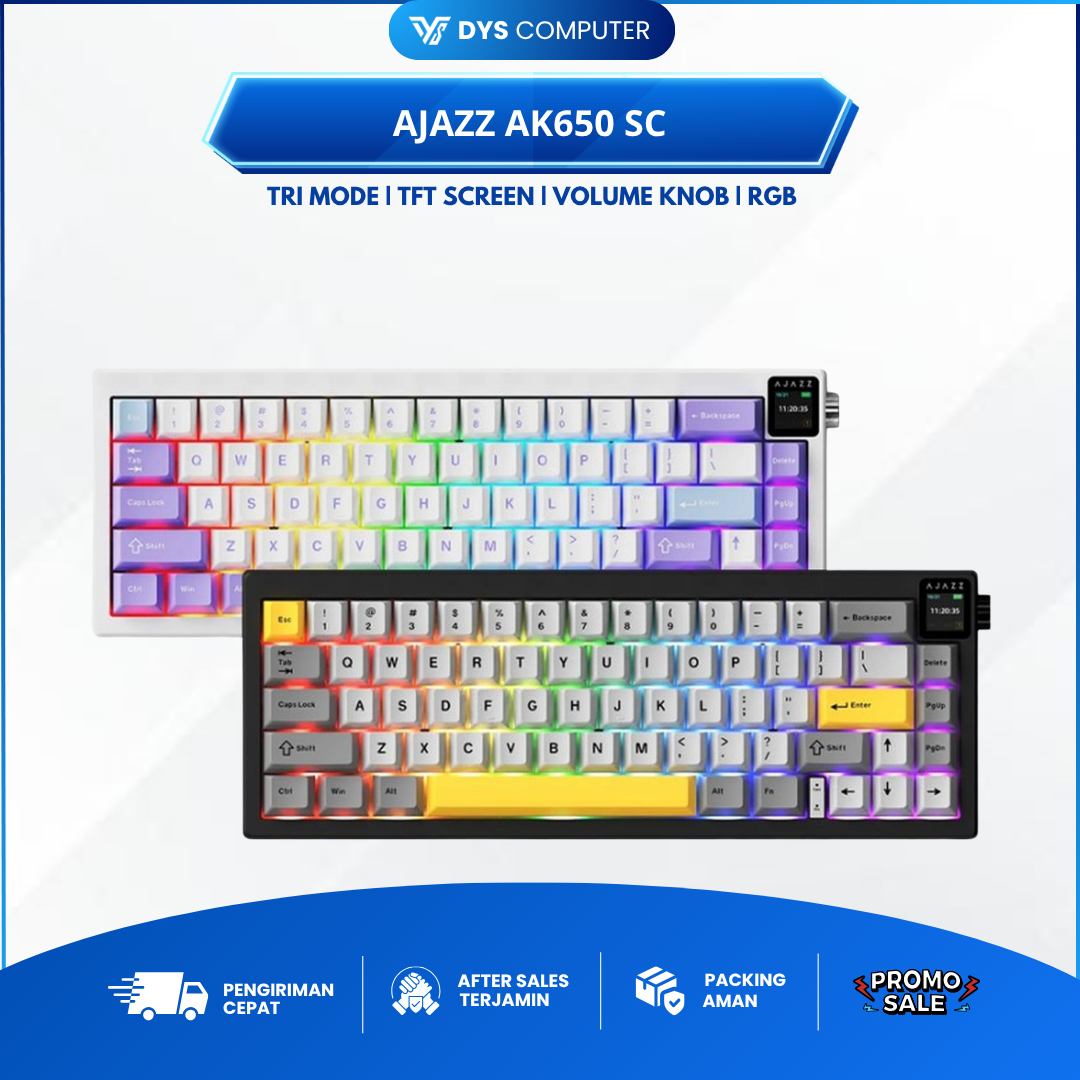 Ajazz AK-650 AK650 SC Wireless Mechanical Gaming Keyboard RGB Three Mode Connection with TFT Color Screen and Knob Volume - Gift Switch